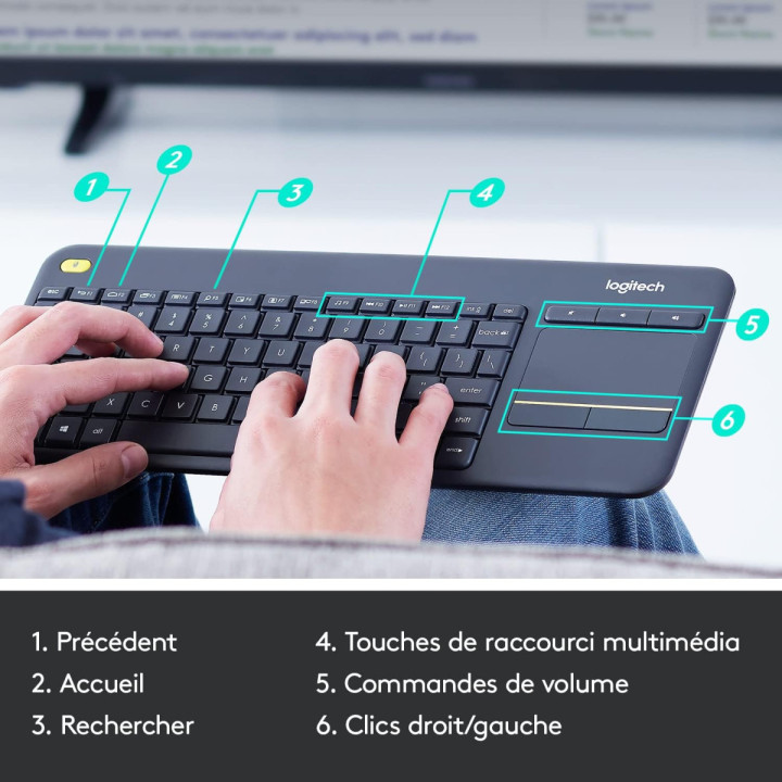 Logitech K400 Plus - Clavier AZERTY sans fil avec pavé tactile noir